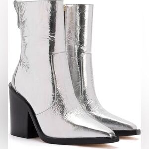 Larroude James Crinkled Silver Metallic Block Heeled Boots Zip Up sz 9 NWOT NWOB